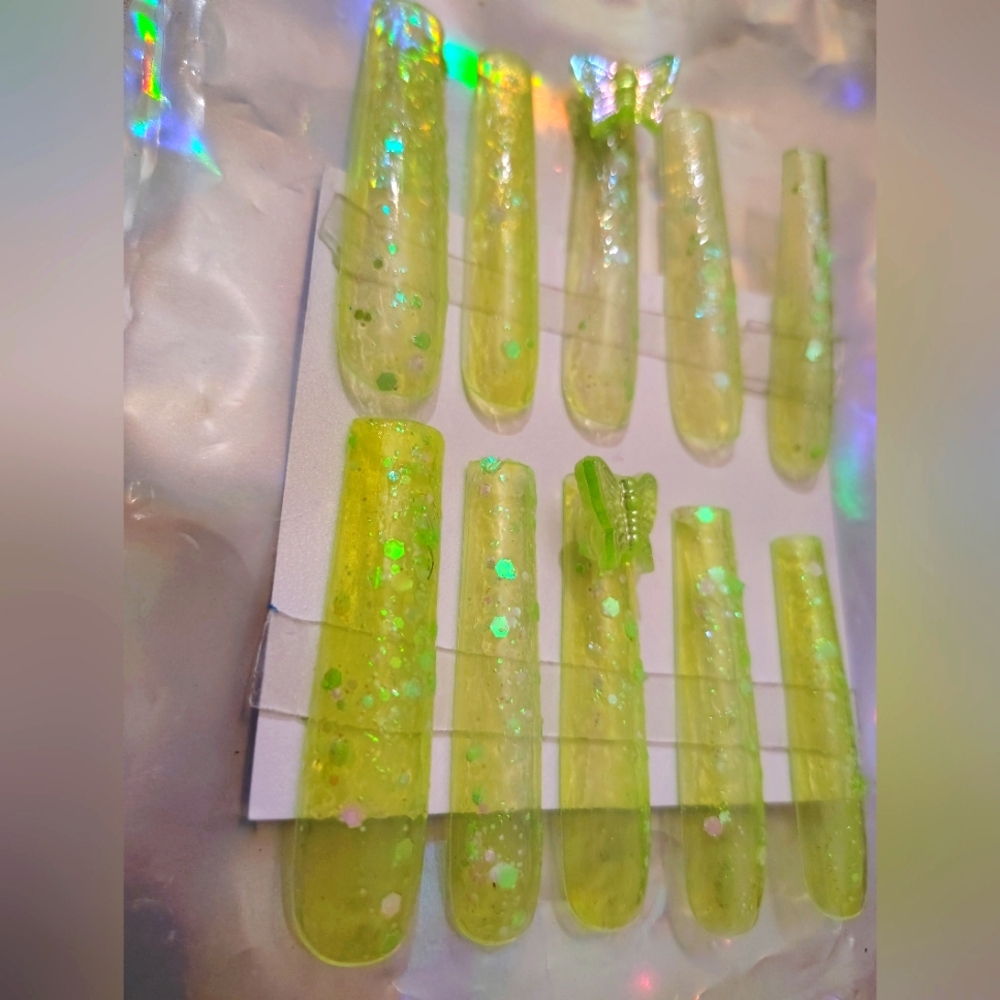 Translucent Glittery Green Press-On Nails with Butterfly Accent